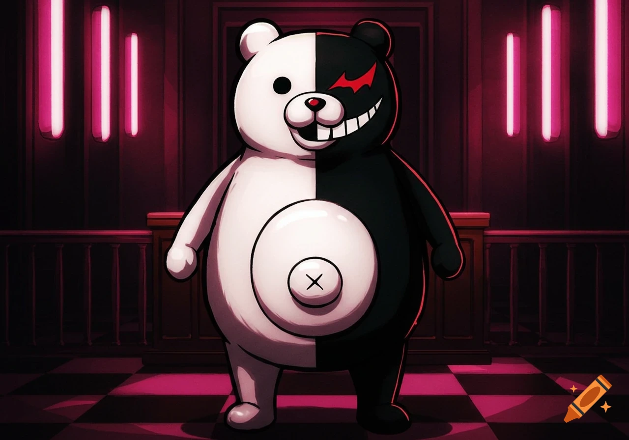 Monokuma, a black and white bear character with a menacing smile and red eye, stands in a dark, pink-lit room with a checkered floor in an anime style.