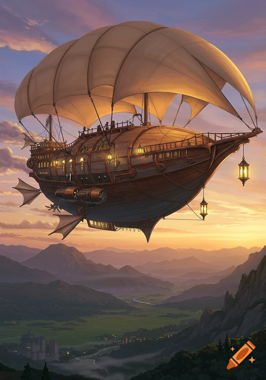 A detailed illustration of a steampunk zeppelin with large sails and lanterns flying over a lush valley and mountains at sunset.