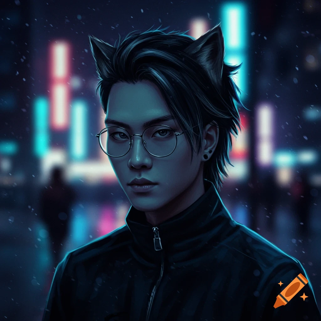 Stylized portrait of a person with animal ears and glasses, standing in a snowy night city with neon lights.