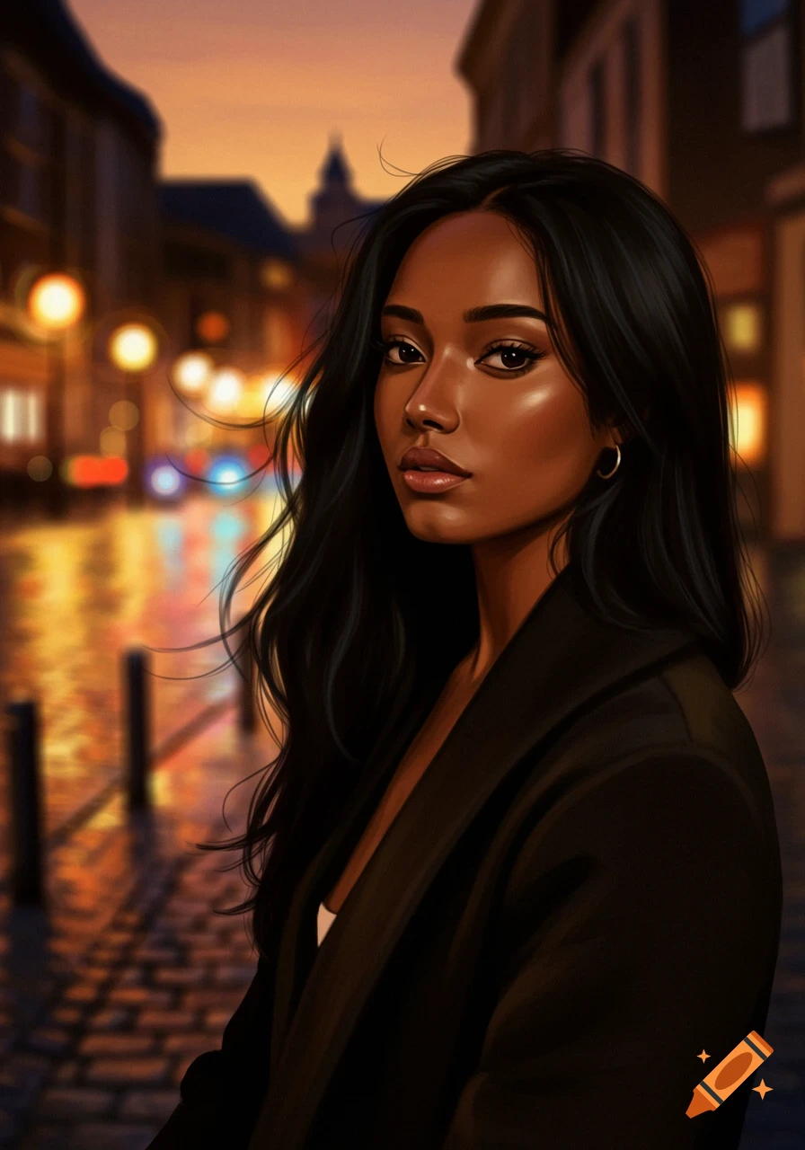 Digital painting of a beautiful woman with long black hair on a city street at dusk, with blurred lights.