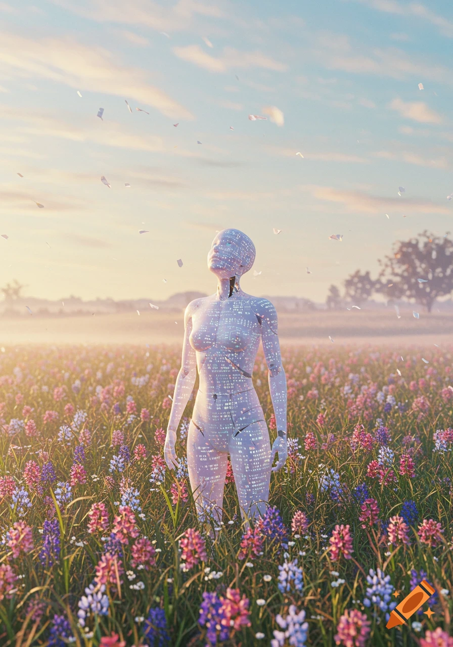 A translucent robot figure with data patterns on its body stands in a vibrant field of wildflowers under a glowing sky.
