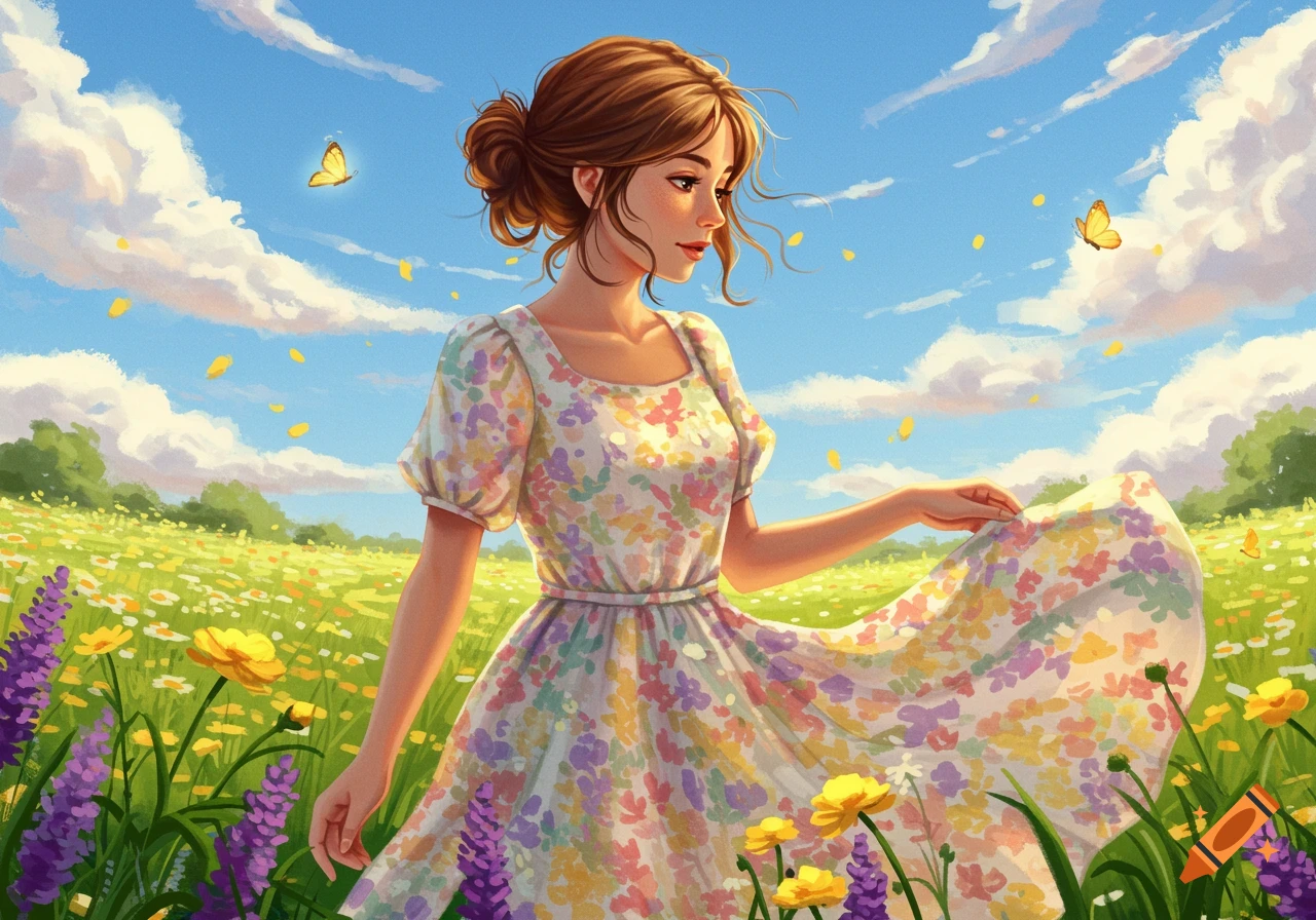 A young woman in a floral dress walks through a bright green field filled with colorful flowers under a blue sky with butterflies.
