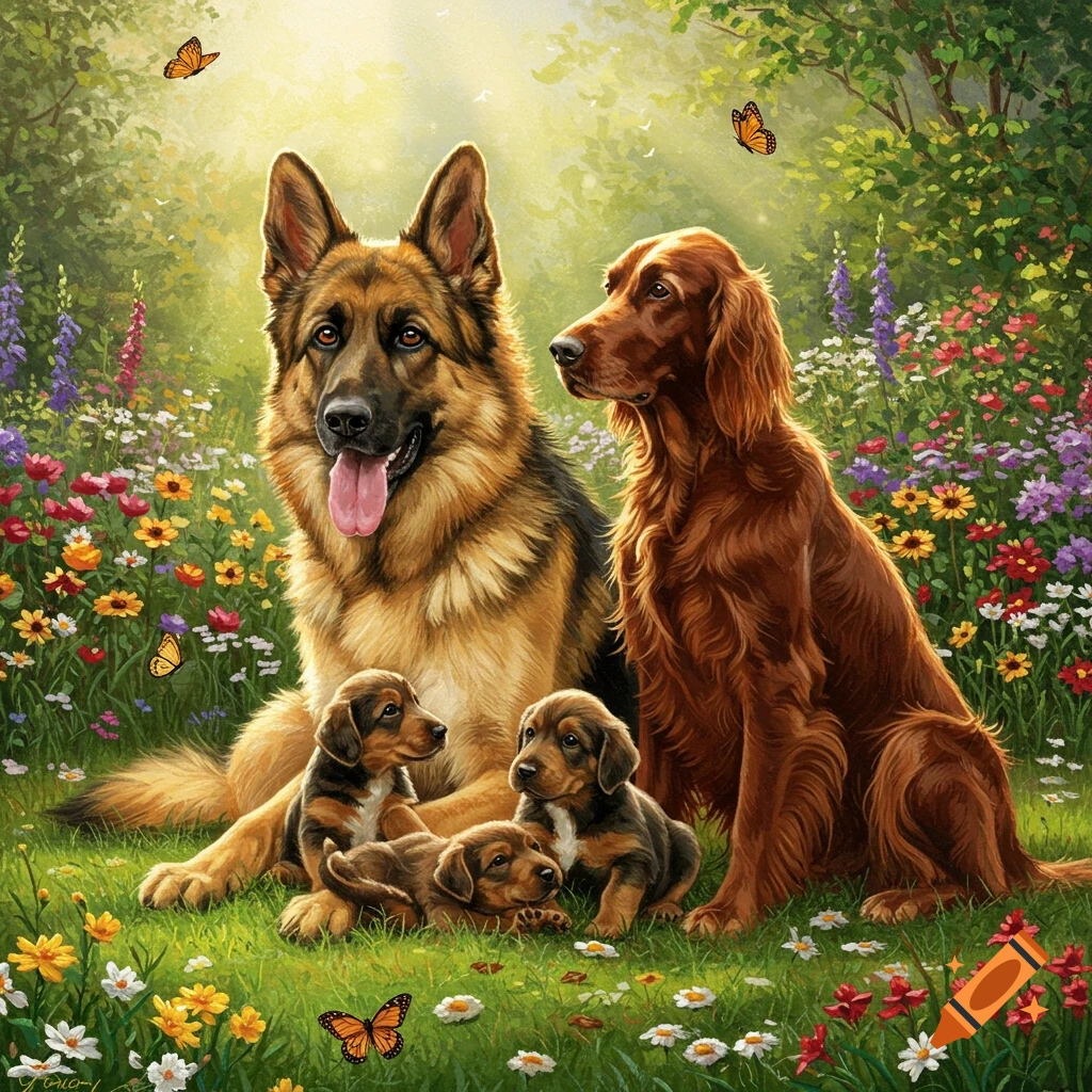 A German Shepherd and an Irish Setter with three puppies in a sunny, flower-filled meadow with butterflies, in a painterly style.