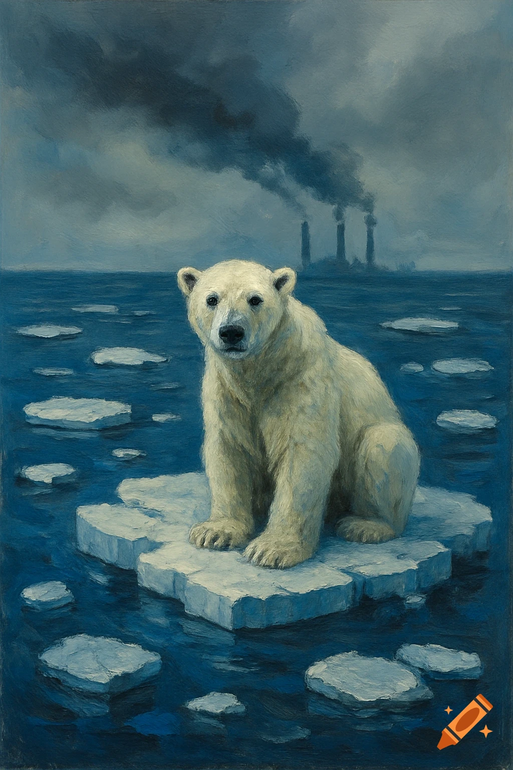 Acrylic painting of a polar bear sitting on melting ice in a dark ocean, with factory smokestacks and dark smoke in the background.