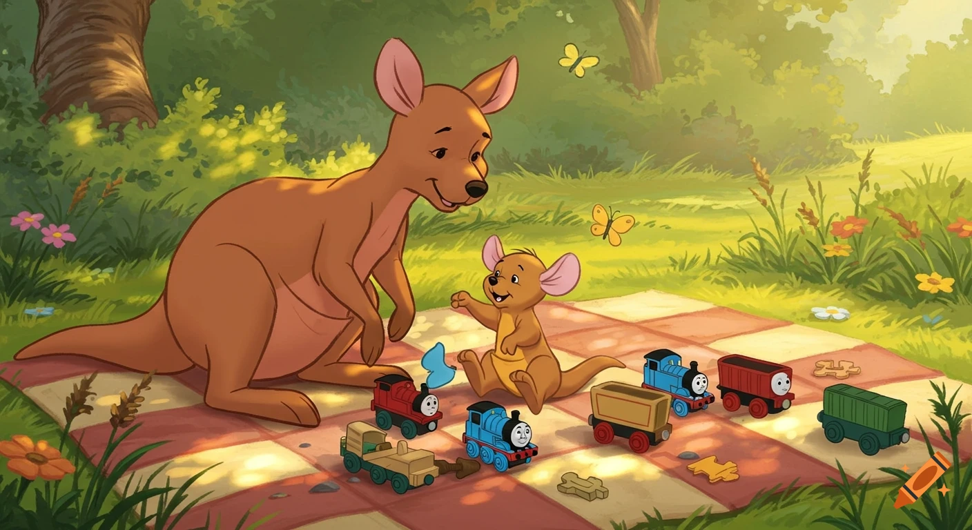 Cartoon Kanga and Roo from Winnie the Pooh play with Thomas Wooden Railway toys on a red and white checkered picnic blanket in a grassy park.