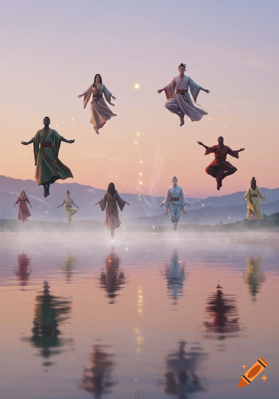 Multiple figures in flowing robes levitate over a misty lake at sunrise or sunset, with distant mountains under a soft-colored sky.