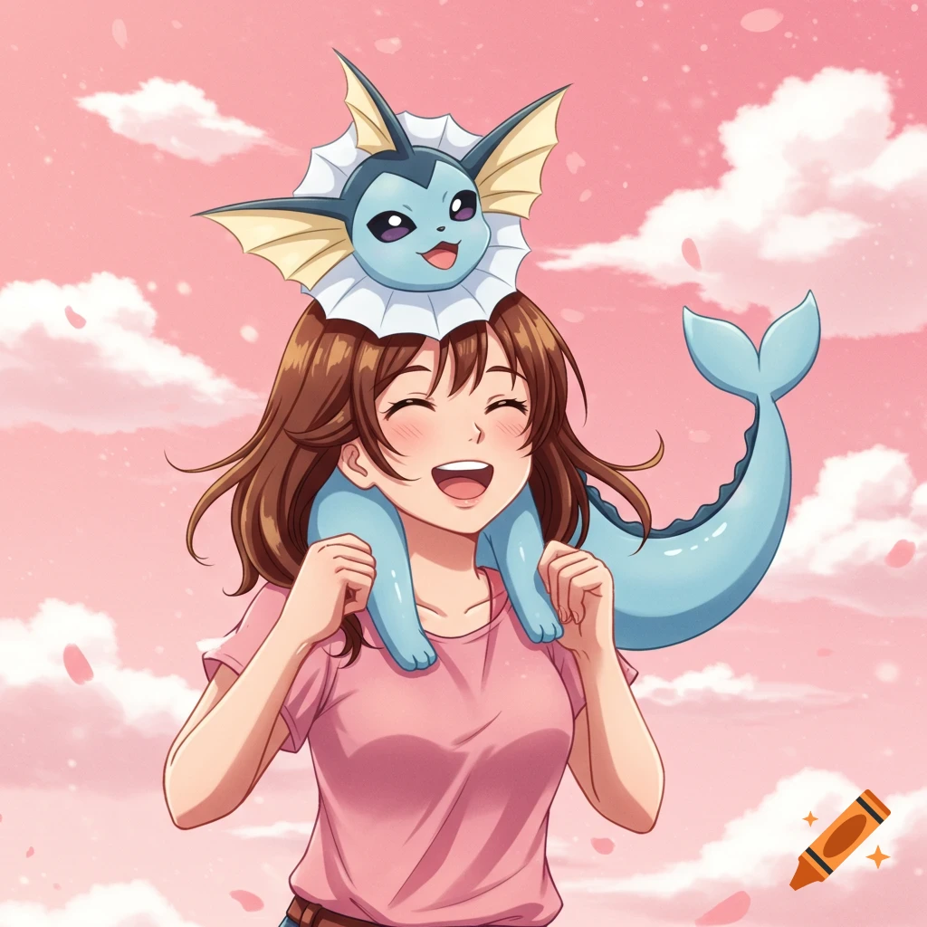 Anime illustration of a smiling young woman with brown hair carrying a blue Vaporeon on her shoulders against a pink sky.