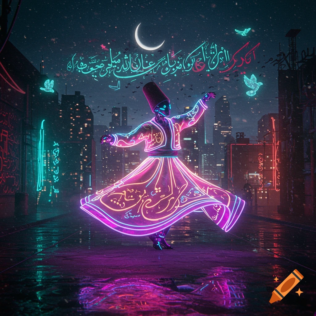 A glowing futuristic whirling dervish robot spins in a neon-lit cyberpunk city at night under a crescent moon, with abstract calligraphic designs.
