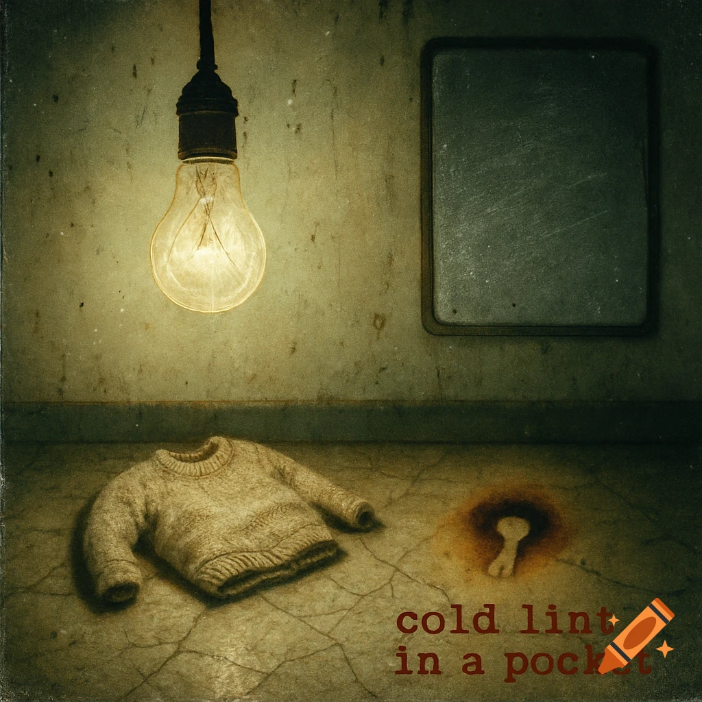 A grunge album cover with a glowing broken lightbulb, a sweater, a keyhole-shaped burn on a cracked floor, and the text 'cold lint in a pocket'.