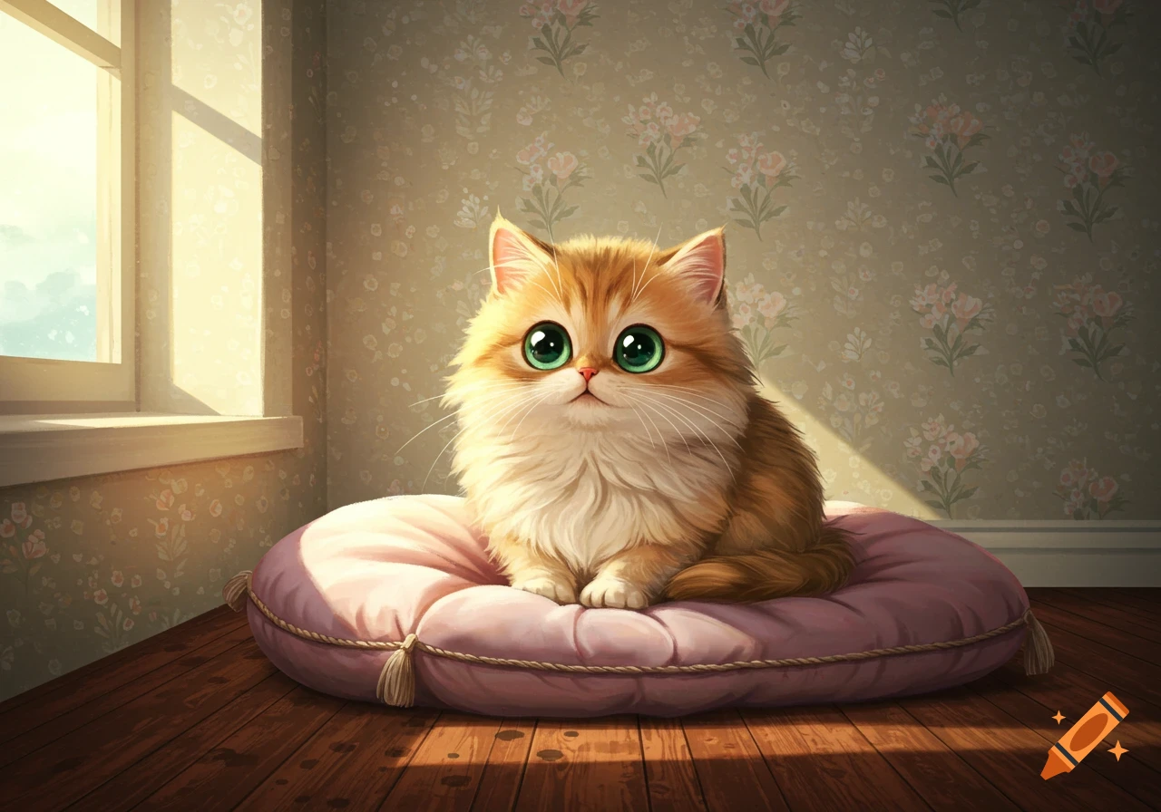 A fluffy orange and white cat with large green eyes sits on a pink cushion in a sunlit room with floral wallpaper.