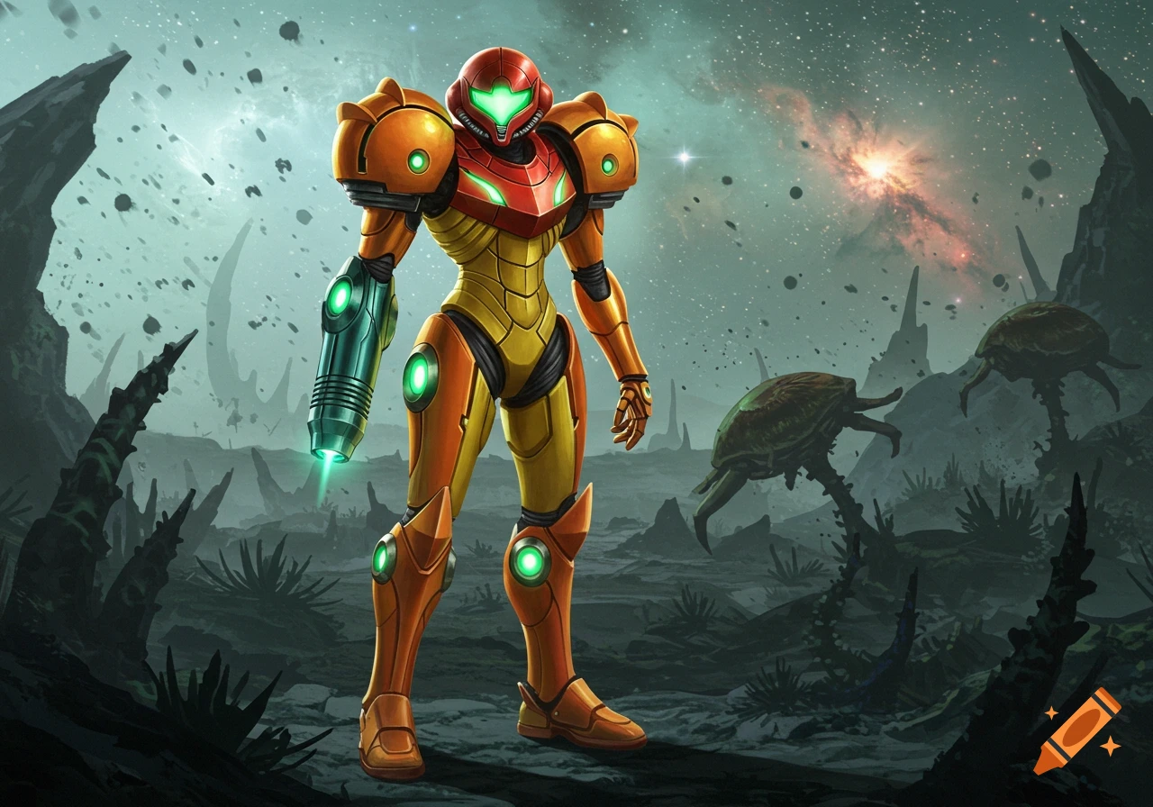 Samus Aran in her orange and red power suit with a glowing green arm cannon, standing on a rocky alien planet with alien creatures and a nebula.