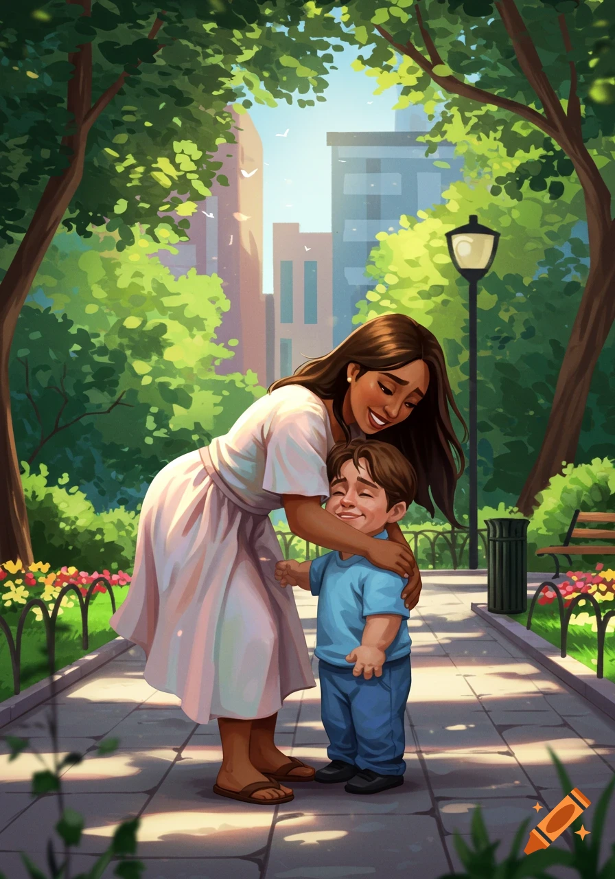 Illustration of a woman hugging a child in a sunny park with city buildings in the background.
