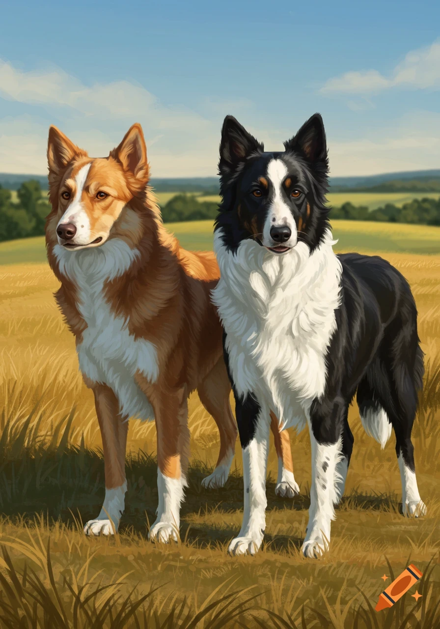 Two kelpie dogs, one brown and white, the other black and white, standing in a sunny golden field under a blue sky.