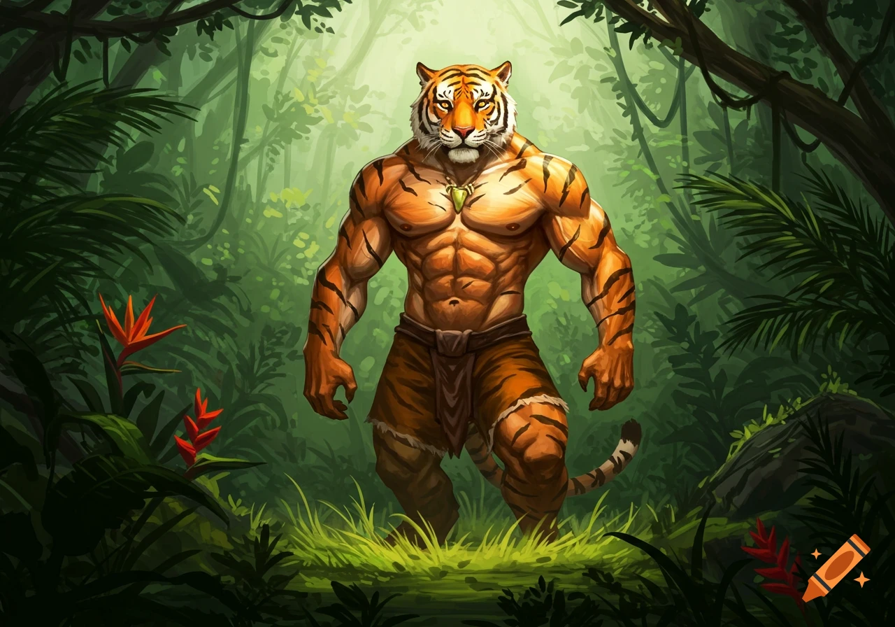 A muscular anthropomorphic tiger stands in a vibrant jungle clearing, illuminated by a bright light.