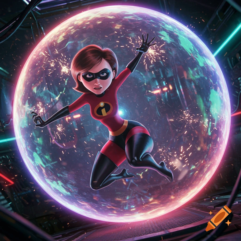 Elastigirl from The Incredibles frozen in a vibrant, glowing spherical force field with sparks, in a dark sci-fi setting, 3D animated style.