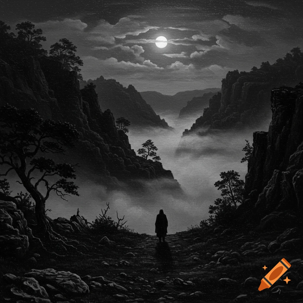 A solitary figure stands on a path in a dark, misty mountain valley under a full moon, in a black and white oil painting.