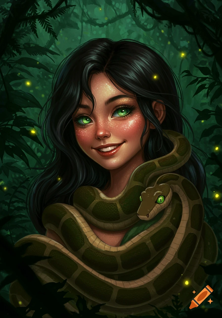 Smiling girl with green eyes and a large snake coiled around her, in a dark jungle with fireflies.