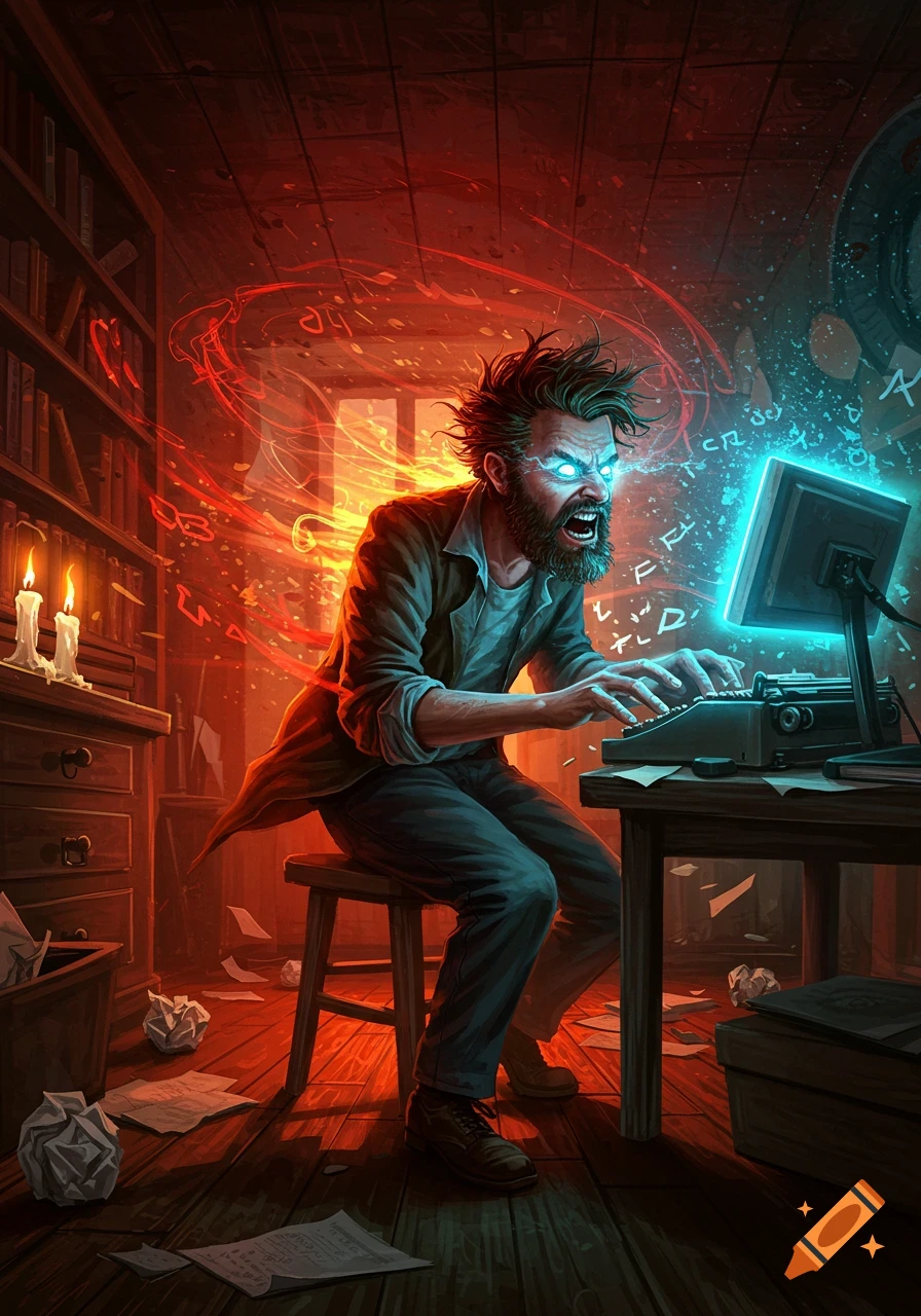 An intense, wild-haired man with glowing blue eyes furiously types on a keyboard as red and blue magical energy emanates from him and the monitor in a dim, cluttered room.
