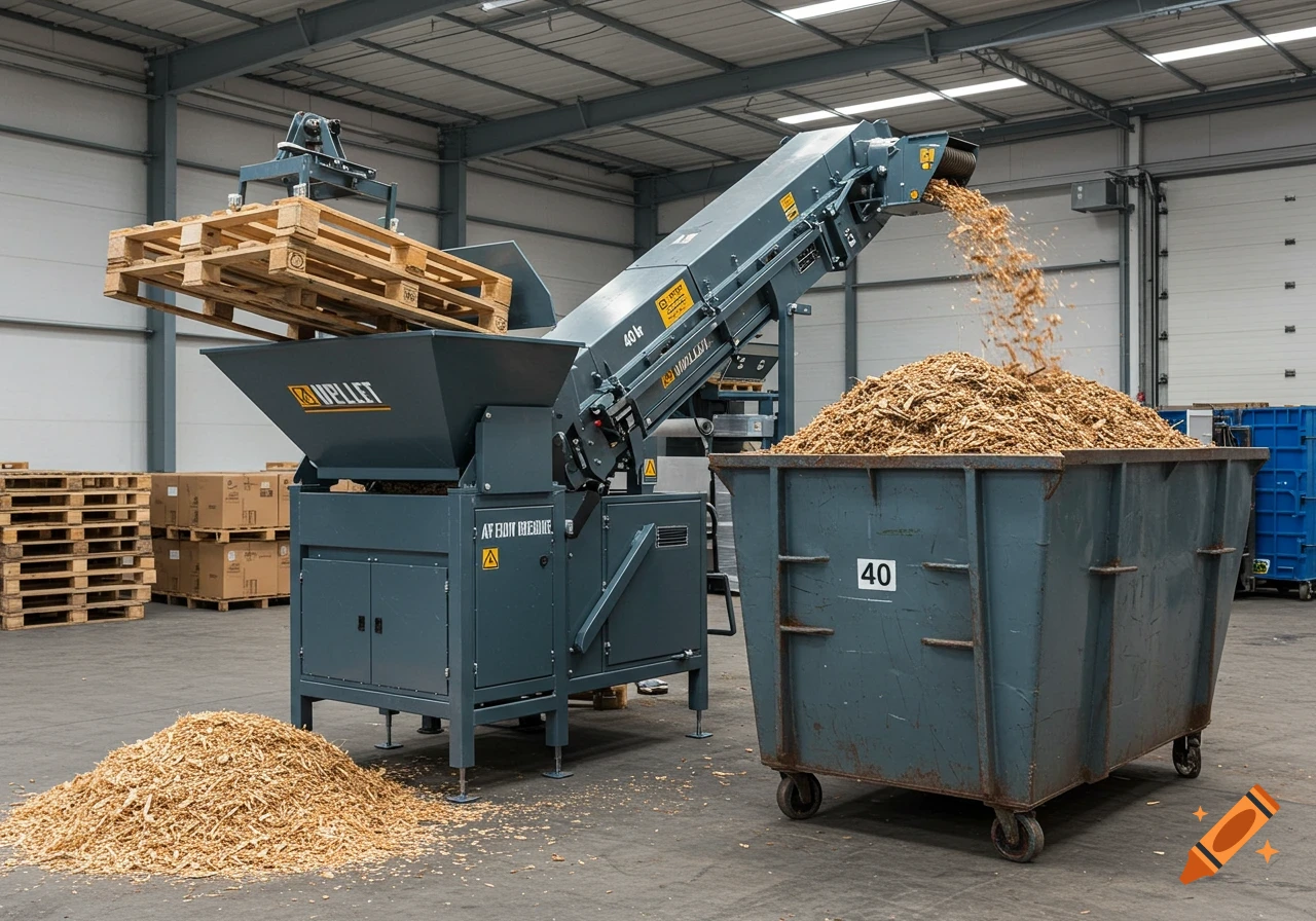 A large grey industrial pallet shredder is in a warehouse, feeding wooden pallets in and outputting shredded wood chips into a large metal waste bin.