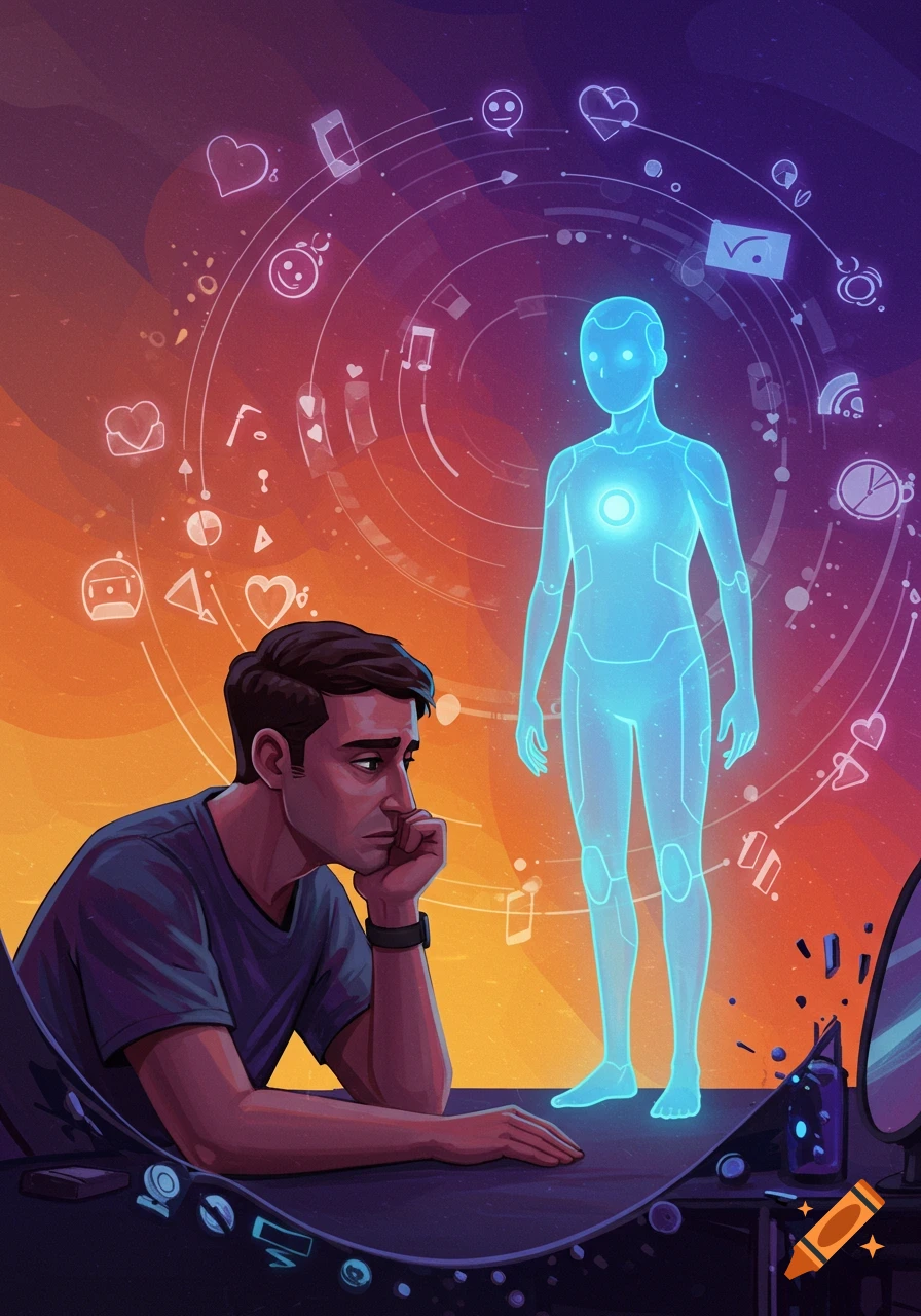 A pensive man looking at a glowing blue humanoid AI figure, surrounded by abstract symbols in a digital painting.