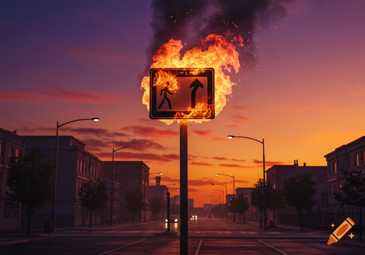 A traffic sign depicting a walking person and an upward arrow is engulfed in flames on a city street at sunset.
