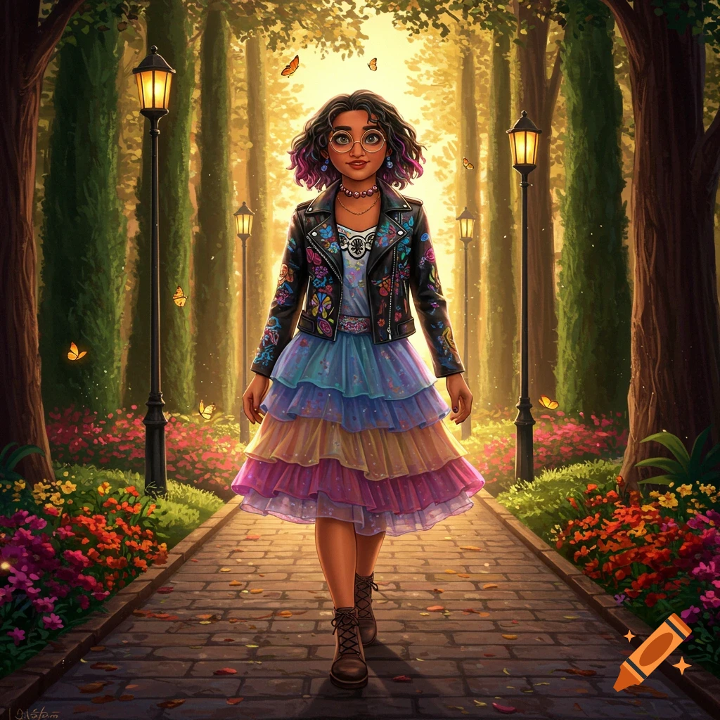 A young woman in a colorful tiered dress and black leather jacket walks on a path through a bright, sunlit forest.