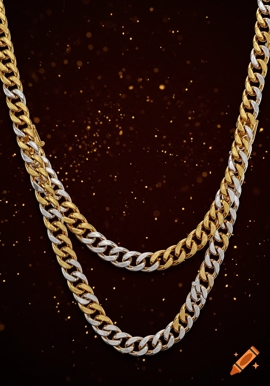 Two intertwined Cuban link chains, one gold and one silver, against a dark background with golden sparkles.