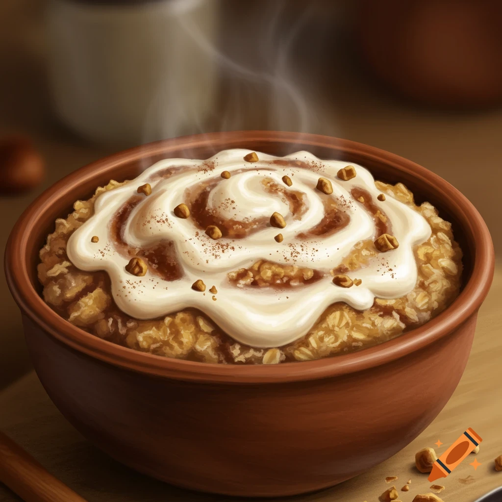 Steaming bowl of cinnamon roll oatmeal with white frosting, cinnamon swirls, and chopped nuts, in an illustrative style.