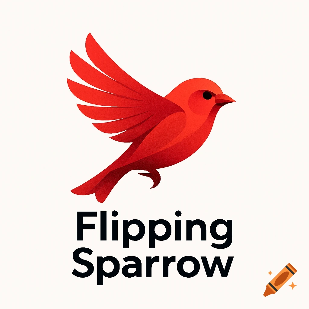 A stylized red bird logo with outstretched wings and the words "Flipping Sparrow" below it.