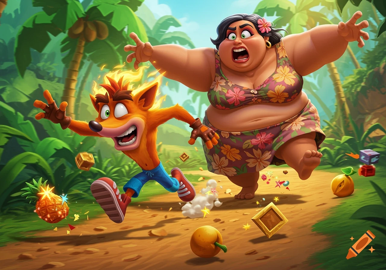 Cartoon Crash Bandicoot runs frantically from a large woman in a floral swimsuit on a jungle path, surrounded by fruit and boxes.