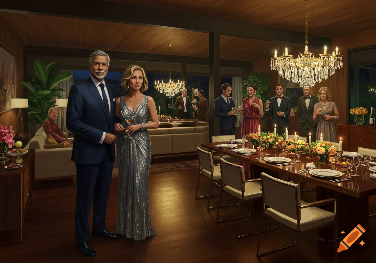 A group of well-dressed people socialize at a formal dinner party in a stylish mid-century modern home with a large dining table and chandelier.