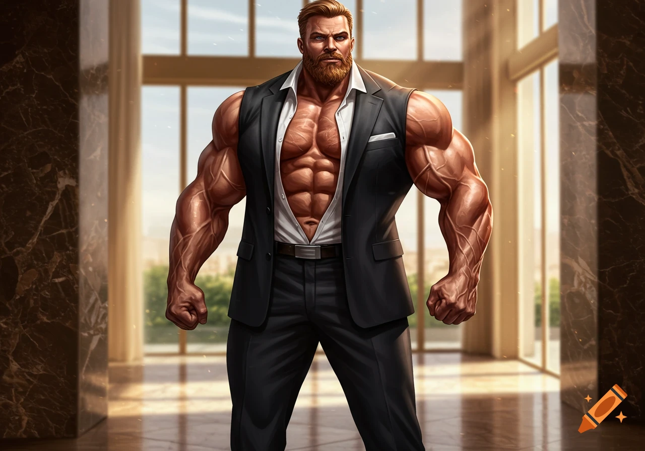 A muscular man with a beard stands confidently in an unbuttoned suit vest, showcasing his ripped physique in an office setting.