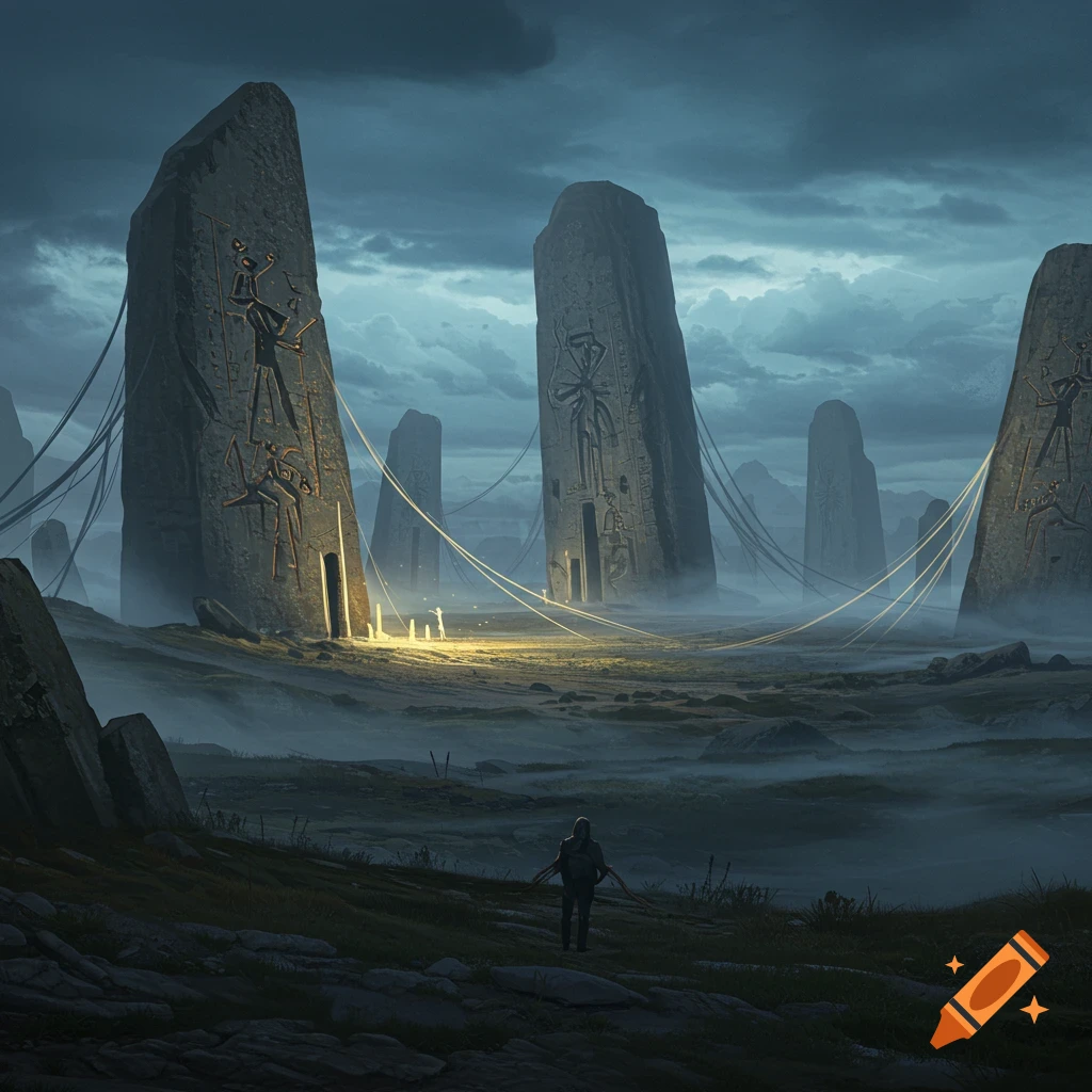 A lone figure stands in a misty, dark landscape, gazing towards towering, illuminated stone monoliths with ancient carvings.