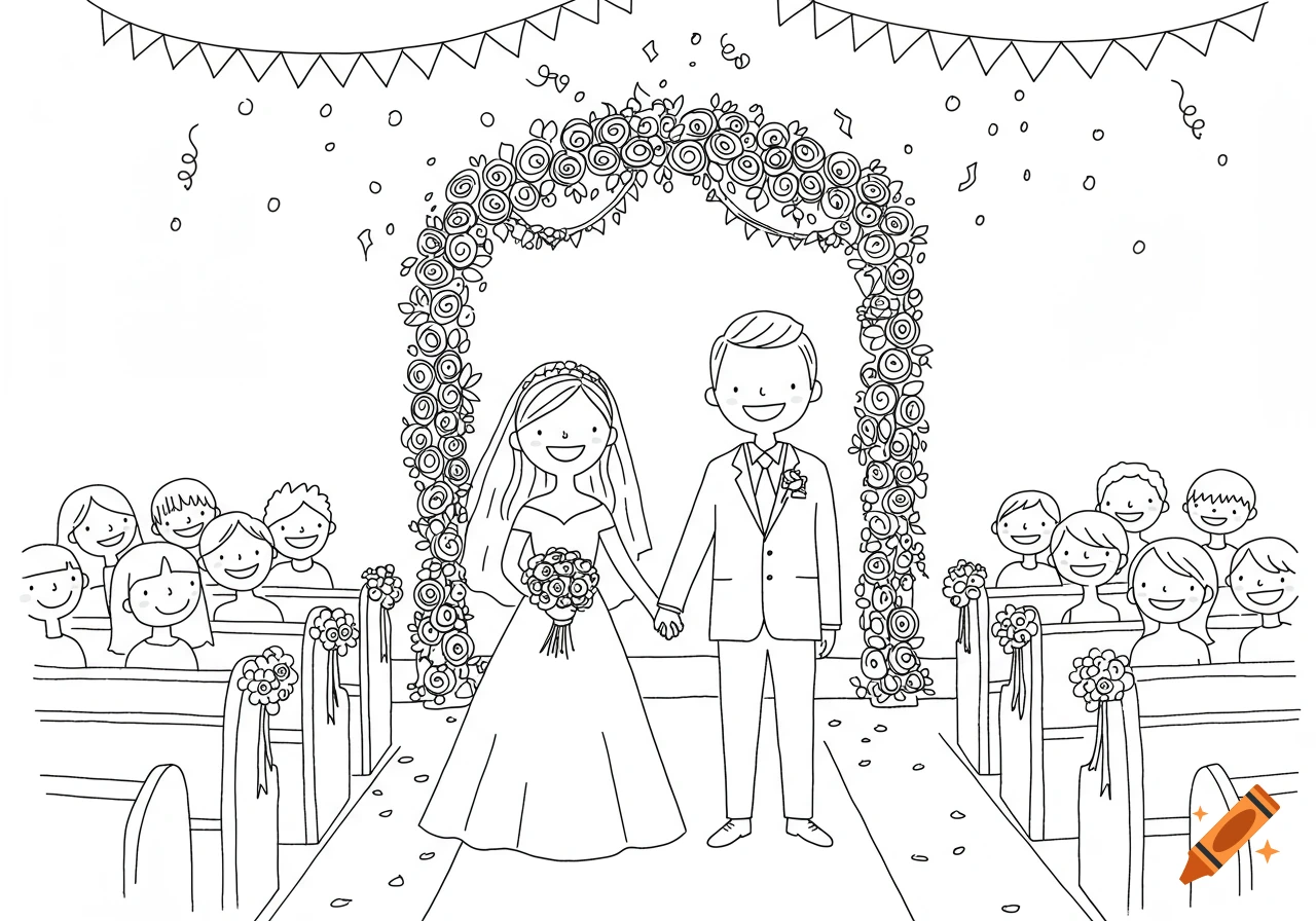 A black and white doodle of a bride and groom holding hands under a floral arch at their wedding, with guests watching.