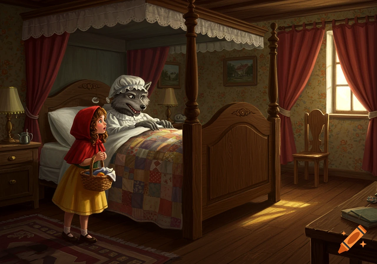 Little Red Riding Hood looks at the Big Bad Wolf disguised as Grandma in a rustic four-poster bed, illustration.