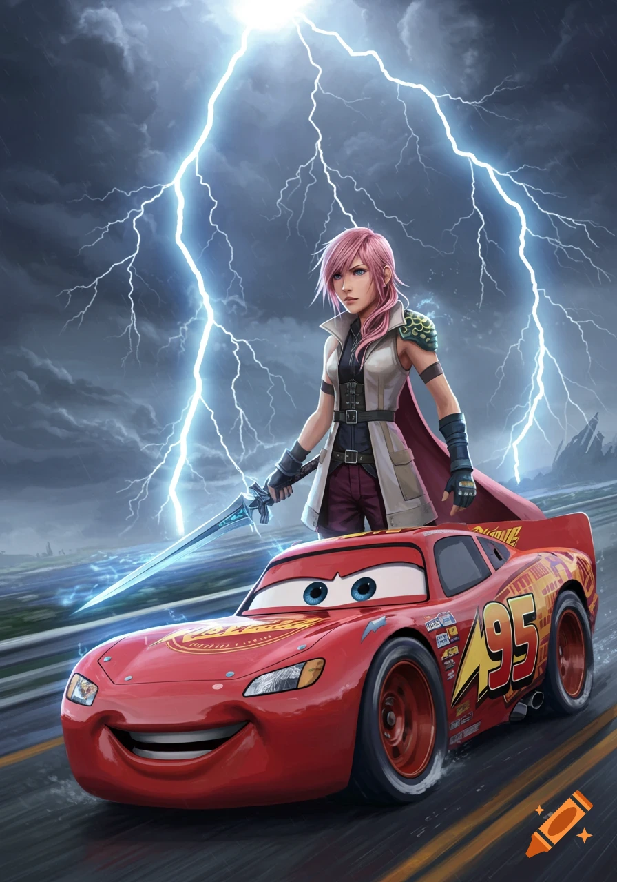 Lightning from Final Fantasy and Lightning McQueen from Cars stand together under a stormy sky with lightning.