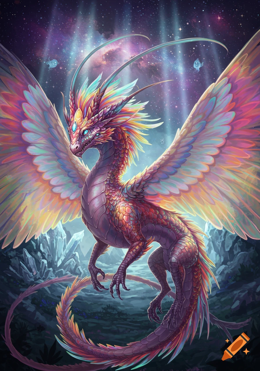 A vibrant, iridescent fantasy dragon with large, colorful wings stands against a starry cosmic background with glowing crystal formations.