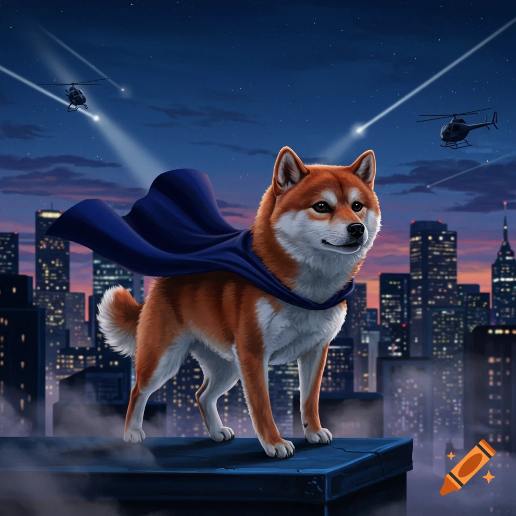 A Shiba Inu dog wearing a blue superhero cape stands on a city rooftop at night with illuminated skyscrapers and helicopters in the background.