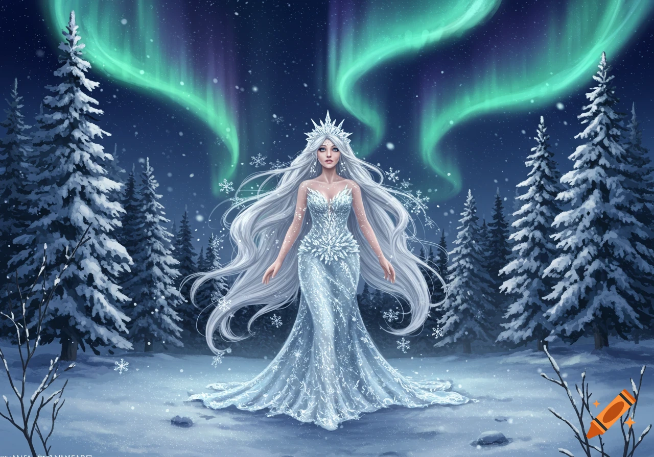 A fantasy woman with long white hair and an icy dress stands in a snowy forest under a vibrant aurora borealis.