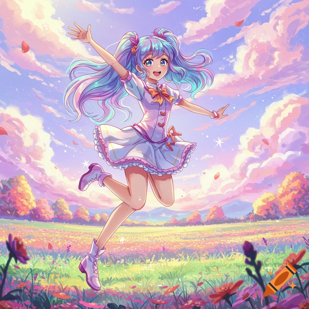 An anime girl with colorful pigtails jumps joyfully in a vibrant, flower-filled field under a pastel sky.