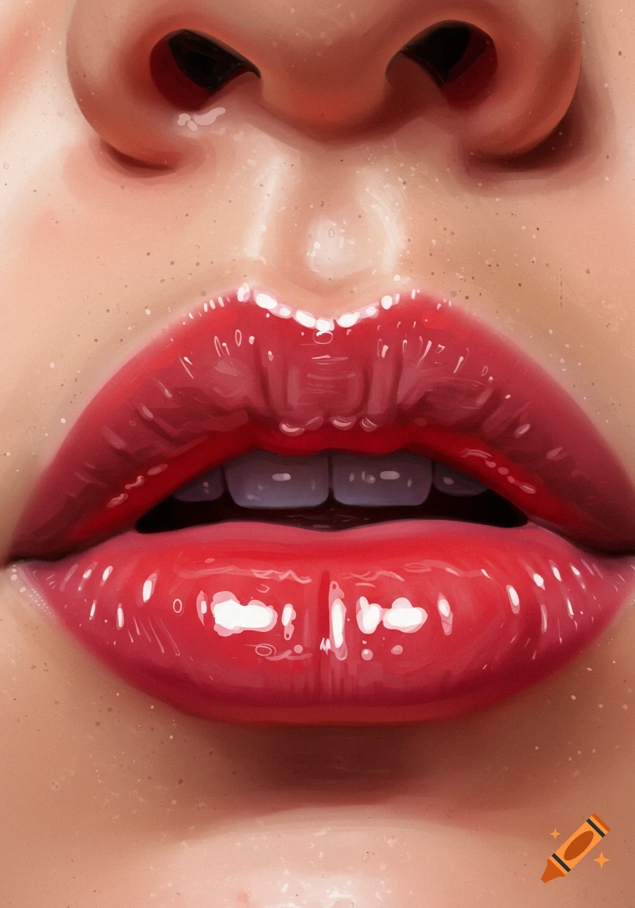 Close-up digital painting of glossy red lips and part of a nose, with visible skin texture.