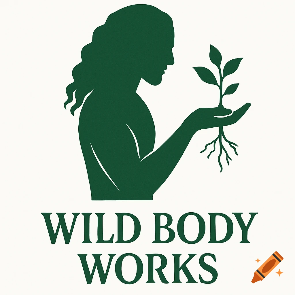 Dark green silhouette logo of a person holding a plant with roots, with 'WILD BODY WORKS' text below on a light background.