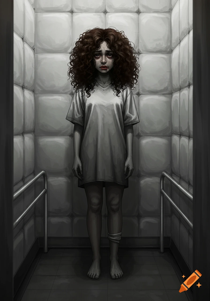 A distressed woman with curly hair and dark eyes stands in a padded cell, wearing a white shirt, with a bandage on her leg. Stylized, dark art.