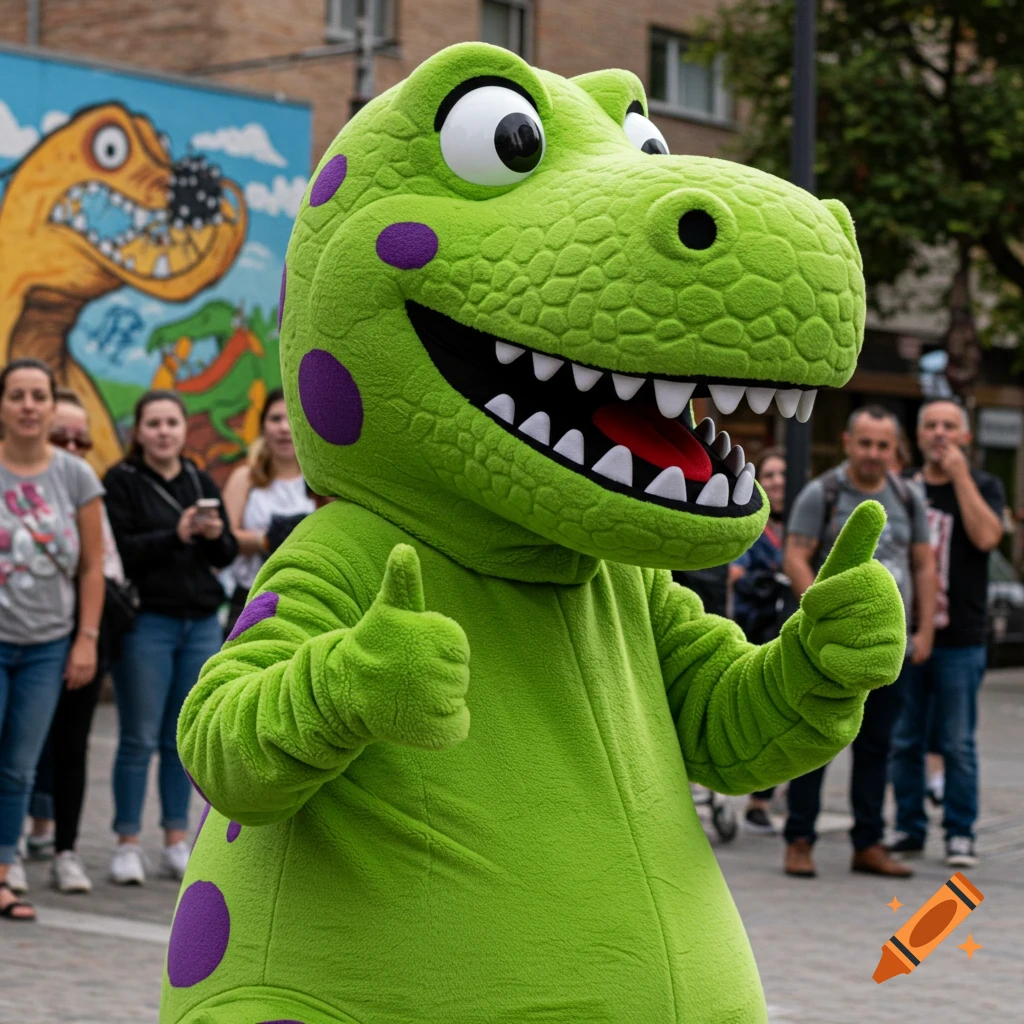 A vibrant green dinosaur mascot with purple spots gives two thumbs up in a busy outdoor setting with a colorful mural.