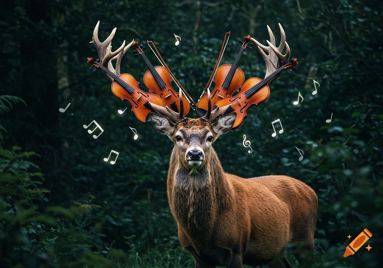 A photorealistic deer with violins as antlers stands in a dark forest, surrounded by floating musical notes.