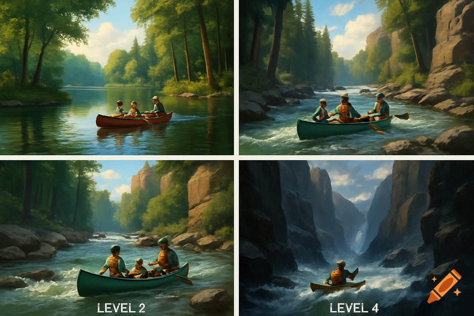 Four panels illustrating canoeing difficulty: calm river for novices, moderate rapids for supervised beginners, and intense rapids for experts.
