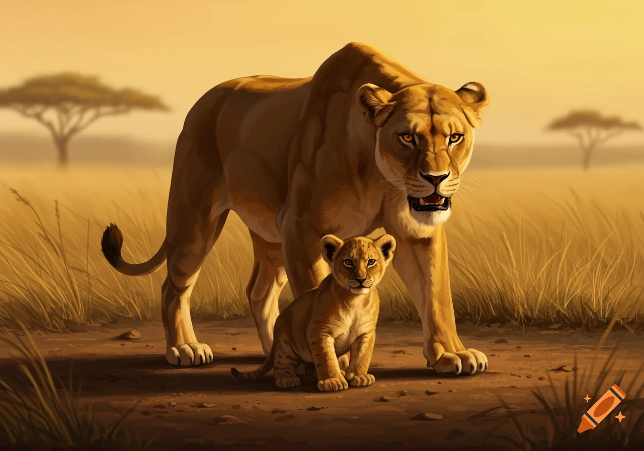 A fierce lioness and her cub in a golden savanna, digital painting.