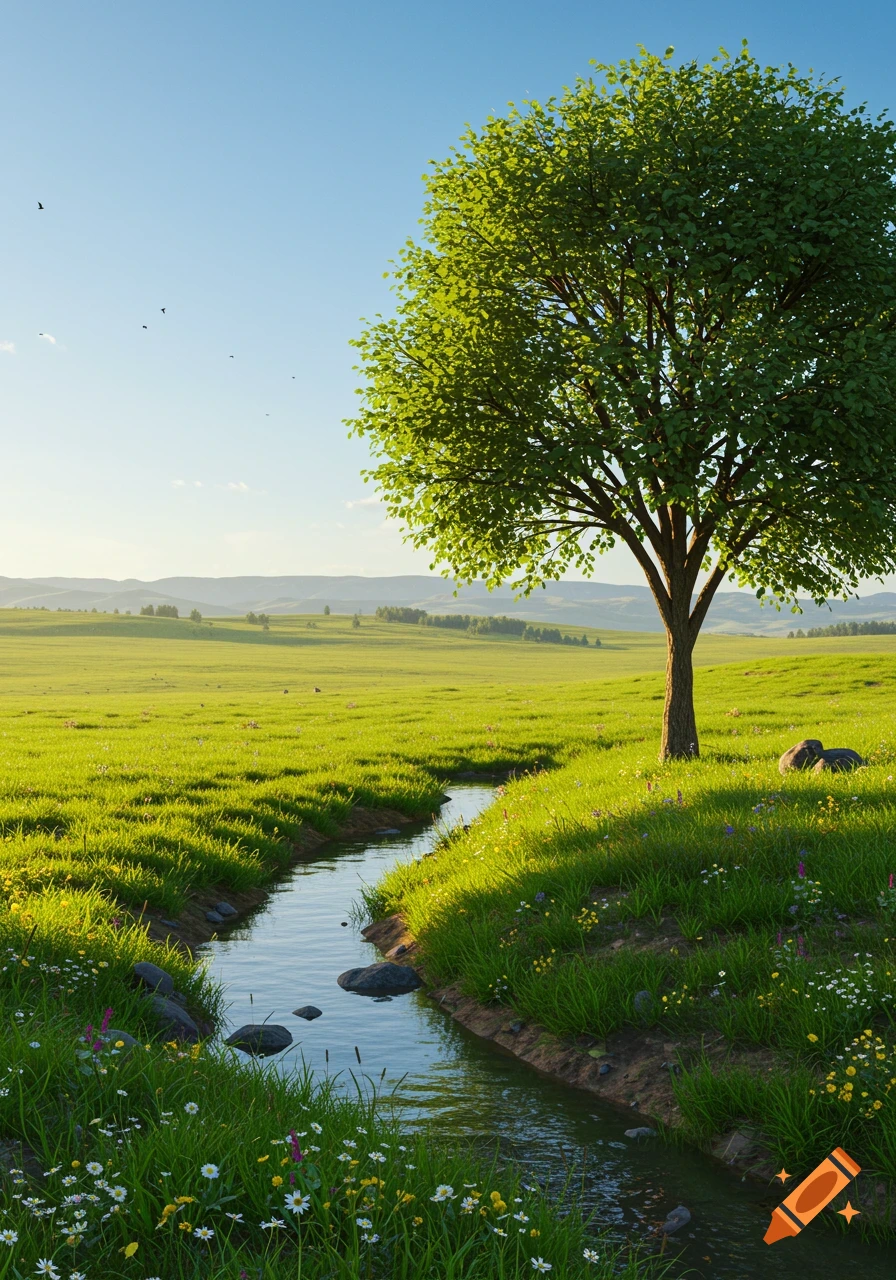 A vibrant green tree stands beside a winding stream in a sunny, grassy meadow under a clear blue sky.