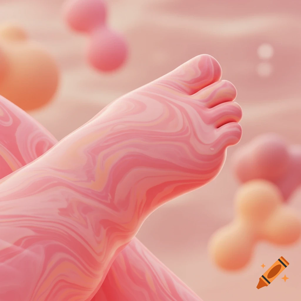 A close-up of a stylized, glossy foot with pink and orange marble-like patterns, against a soft, blurry background with similar shapes.
