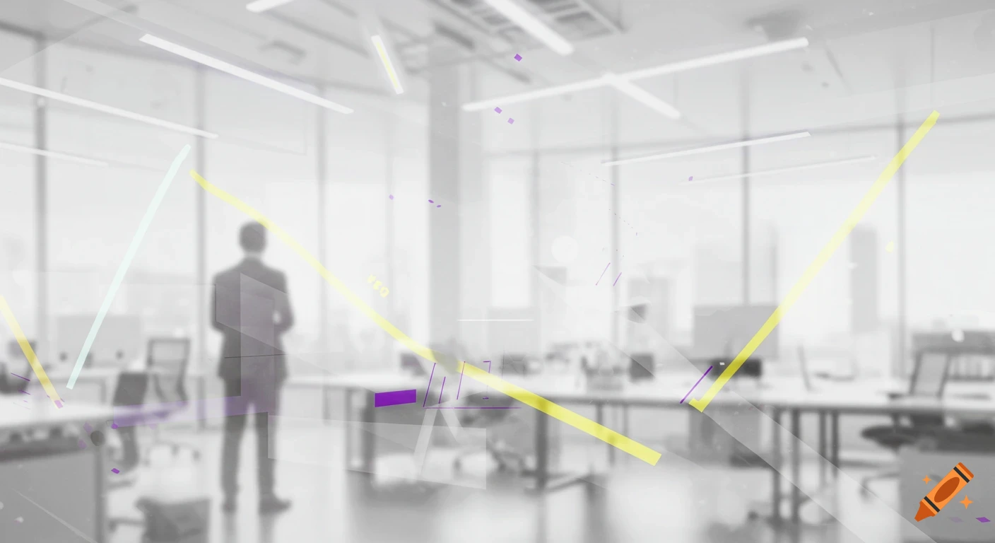 Abstract, impressionist view of a blurry person in a modern, light-toned office with yellow and purple abstract lines.